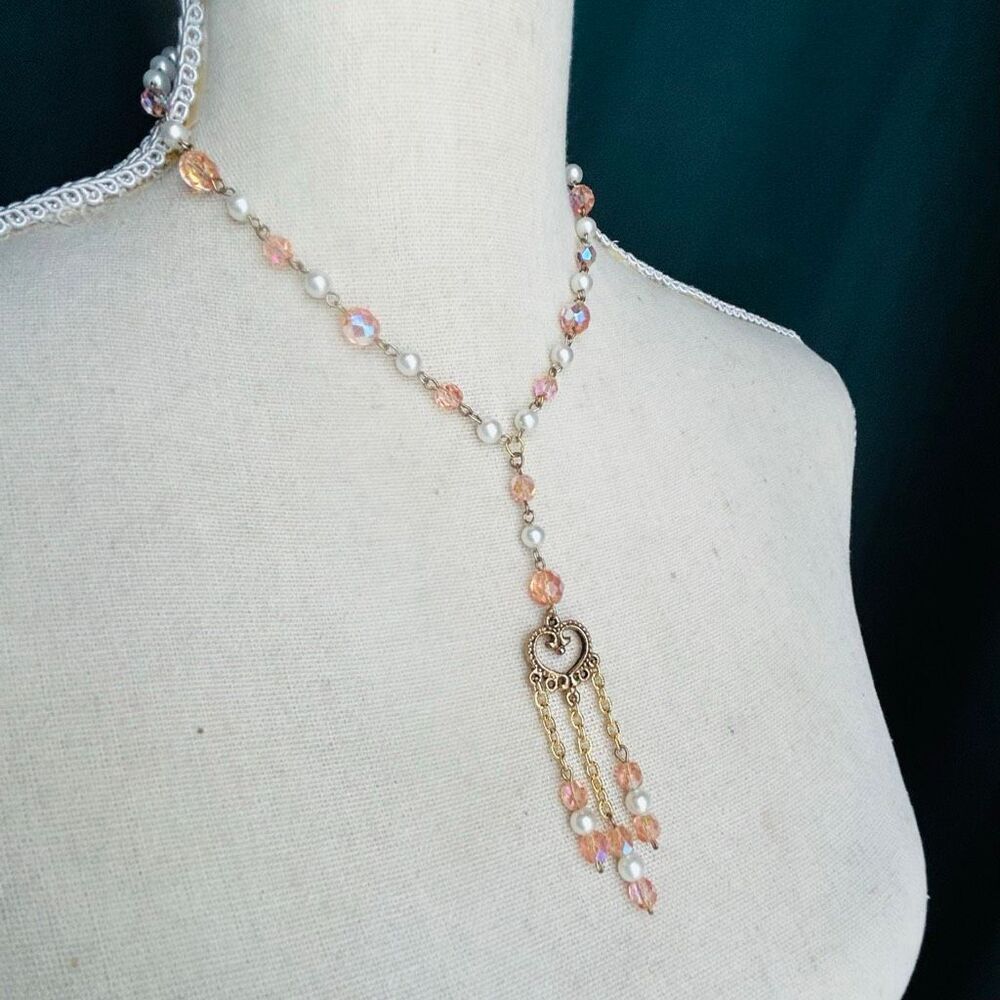 Pink Crystal and Pearl Lariat Dangle Heart Necklace